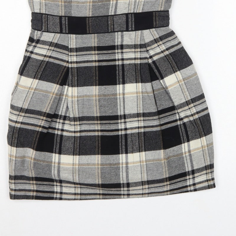 French Connection Women Grey Plaid Wool Strapless Bodycon Mini Dress UK 8