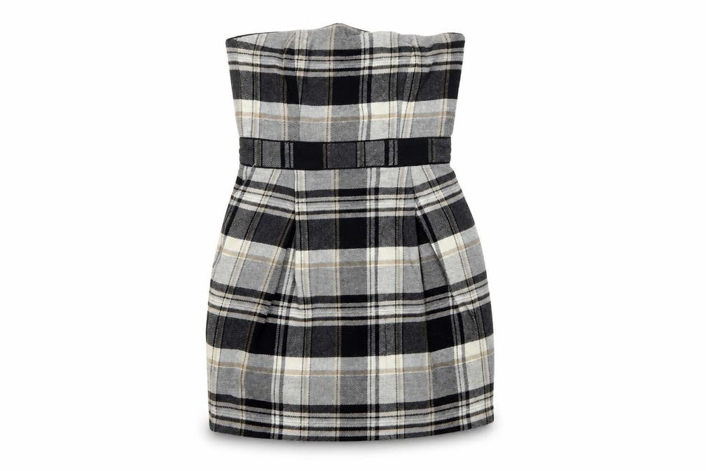 French Connection Women Grey Plaid Wool Strapless Bodycon Mini Dress UK 8