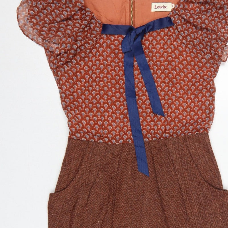 Louche Women Brown UK 8 Pencil Dress Geometric Tweed Bow Pockets