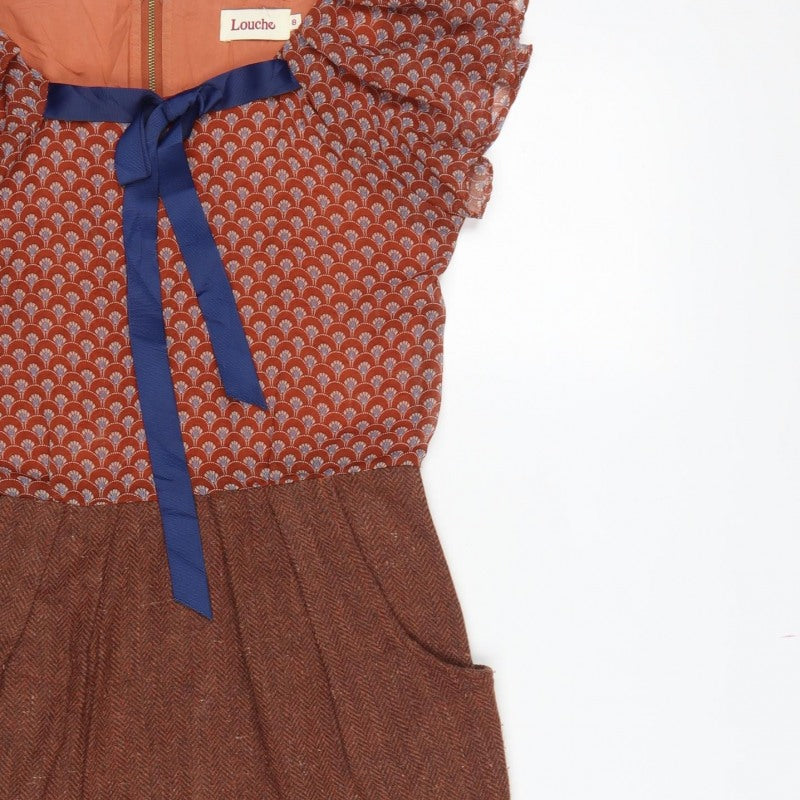 Louche Women Brown UK 8 Pencil Dress Geometric Tweed Bow Pockets