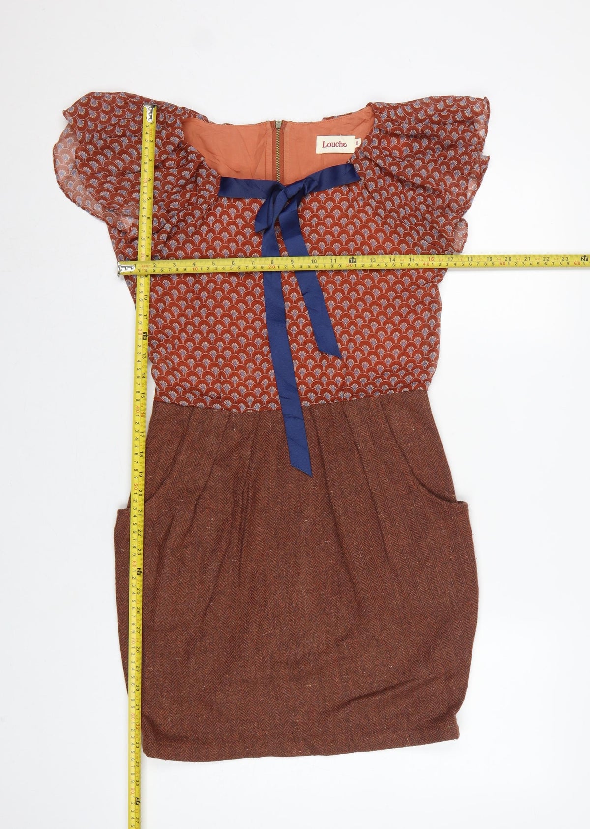 Louche Women Brown UK 8 Pencil Dress Geometric Tweed Bow Pockets