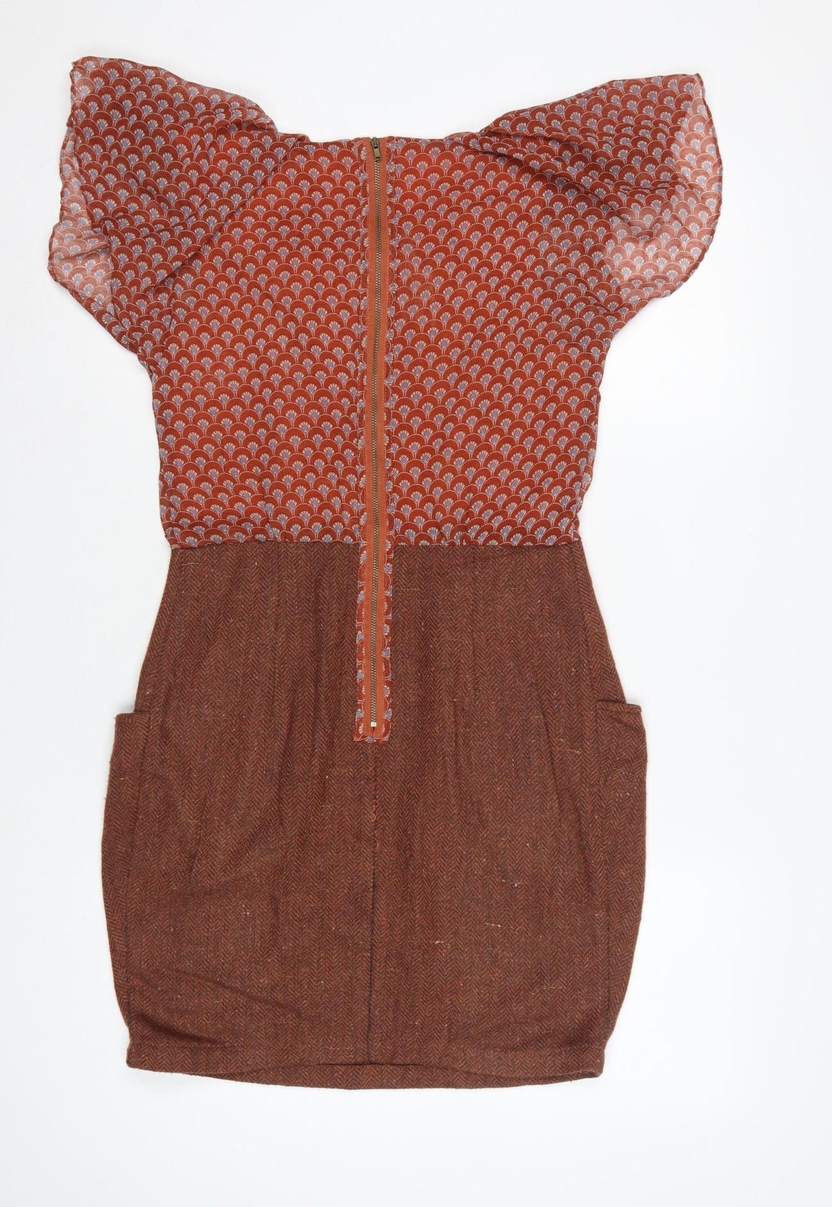 Louche Women Brown UK 8 Pencil Dress Geometric Tweed Bow Pockets