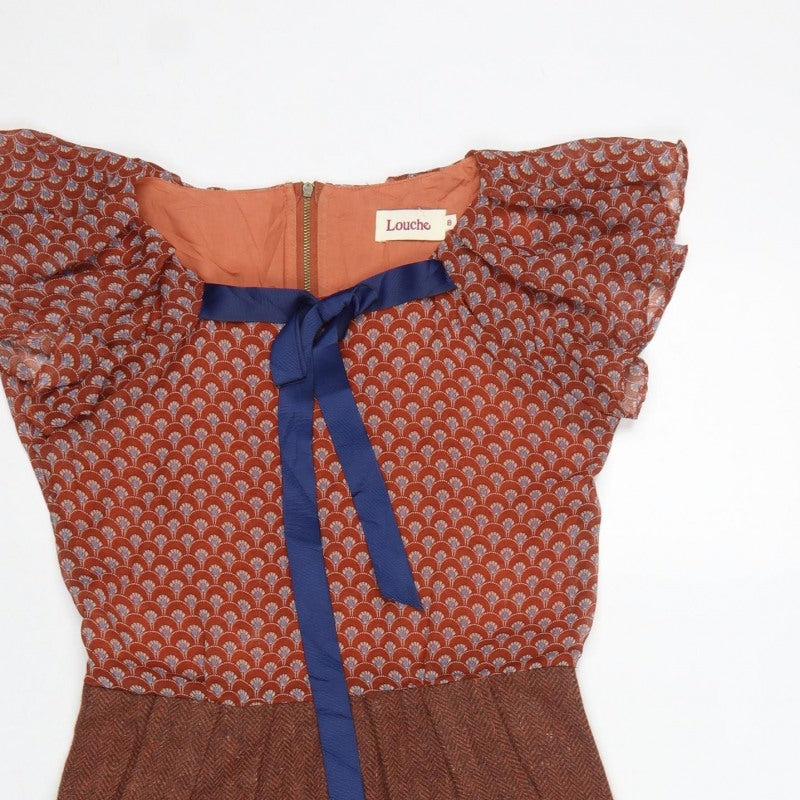 Louche Women Brown UK 8 Pencil Dress Geometric Tweed Bow Pockets