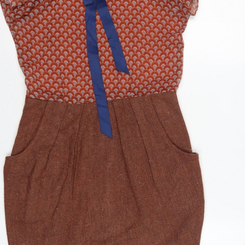Louche Women Brown UK 8 Pencil Dress Geometric Tweed Bow Pockets