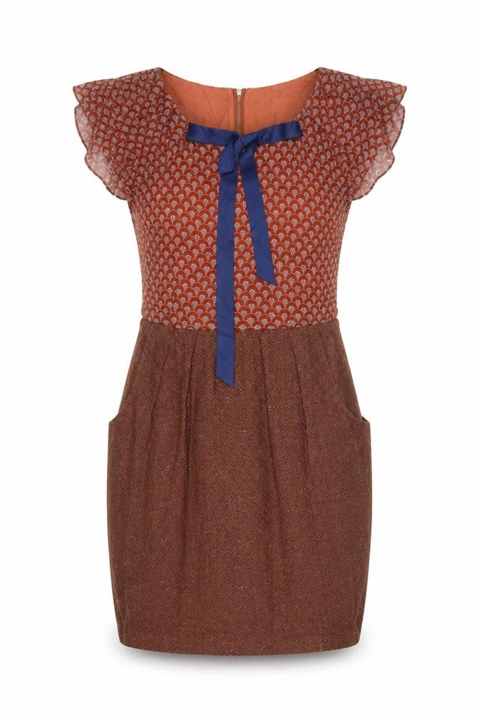 Louche Women Brown UK 8 Pencil Dress Geometric Tweed Bow Pockets