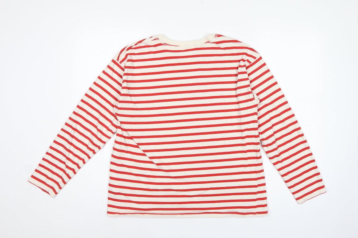 Zara Women Red Cream Striped Cotton Jersey Long Sleeve T-Shirt L