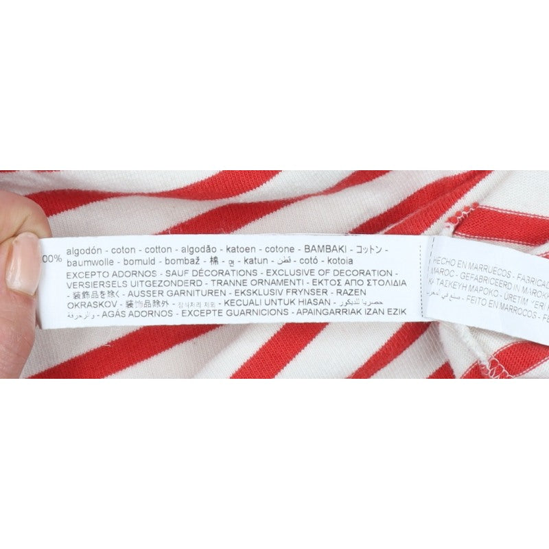Zara Women Red Cream Striped Cotton Jersey Long Sleeve T-Shirt L