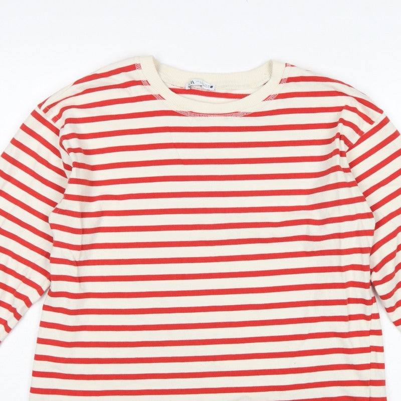 Zara Women Red Cream Striped Cotton Jersey Long Sleeve T-Shirt L