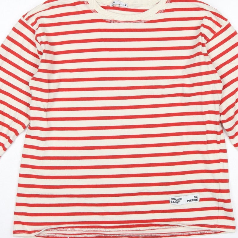 Zara Women Red Cream Striped Cotton Jersey Long Sleeve T-Shirt L