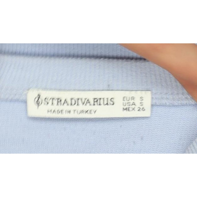 Stradivarius Women Blue S Ribbed Jersey Long Sleeve Crew Neck T-Shirt