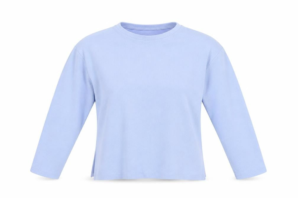 Stradivarius Women Blue S Ribbed Jersey Long Sleeve Crew Neck T-Shirt