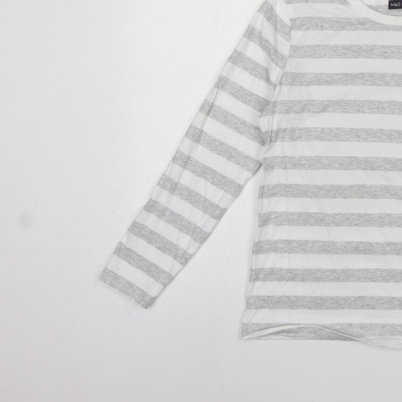 Marks & Spencer Women Grey Stripe Cotton Long Sleeve Basic T-Shirt UK 10