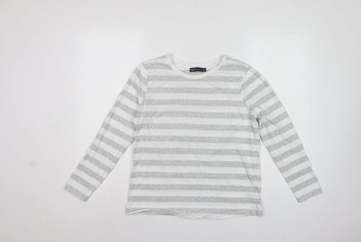 Marks & Spencer Women Grey Stripe Cotton Long Sleeve Basic T-Shirt UK 10