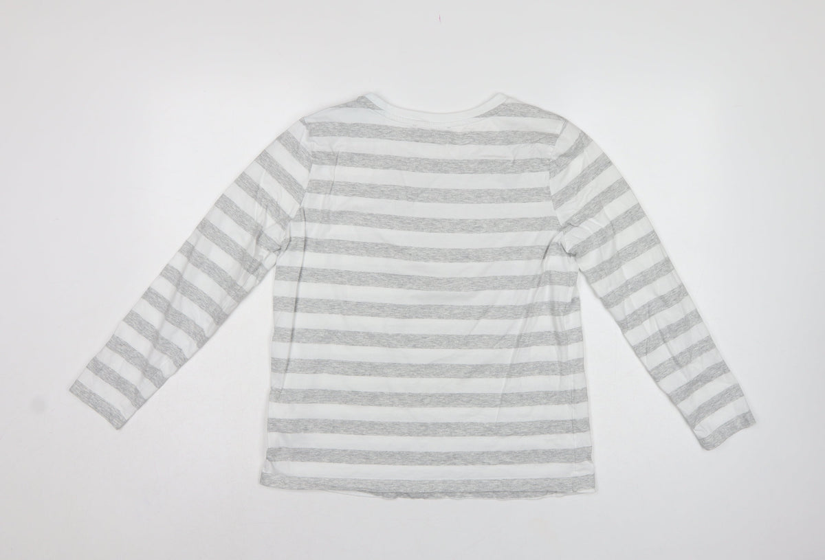 Marks & Spencer Women Grey Stripe Cotton Long Sleeve Basic T-Shirt UK 10