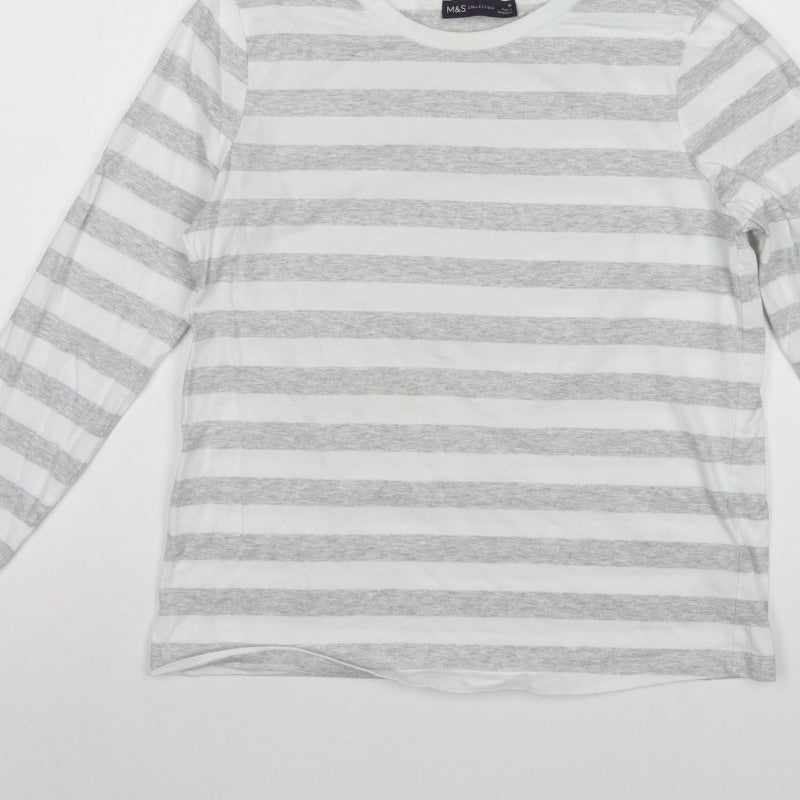 Marks & Spencer Women Grey Stripe Cotton Long Sleeve Basic T-Shirt UK 10