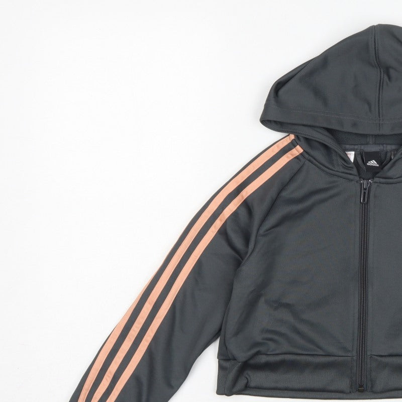 Adidas Girls Black Pink 3 Stripe Full Zip Hoodie Age 7-8 Years