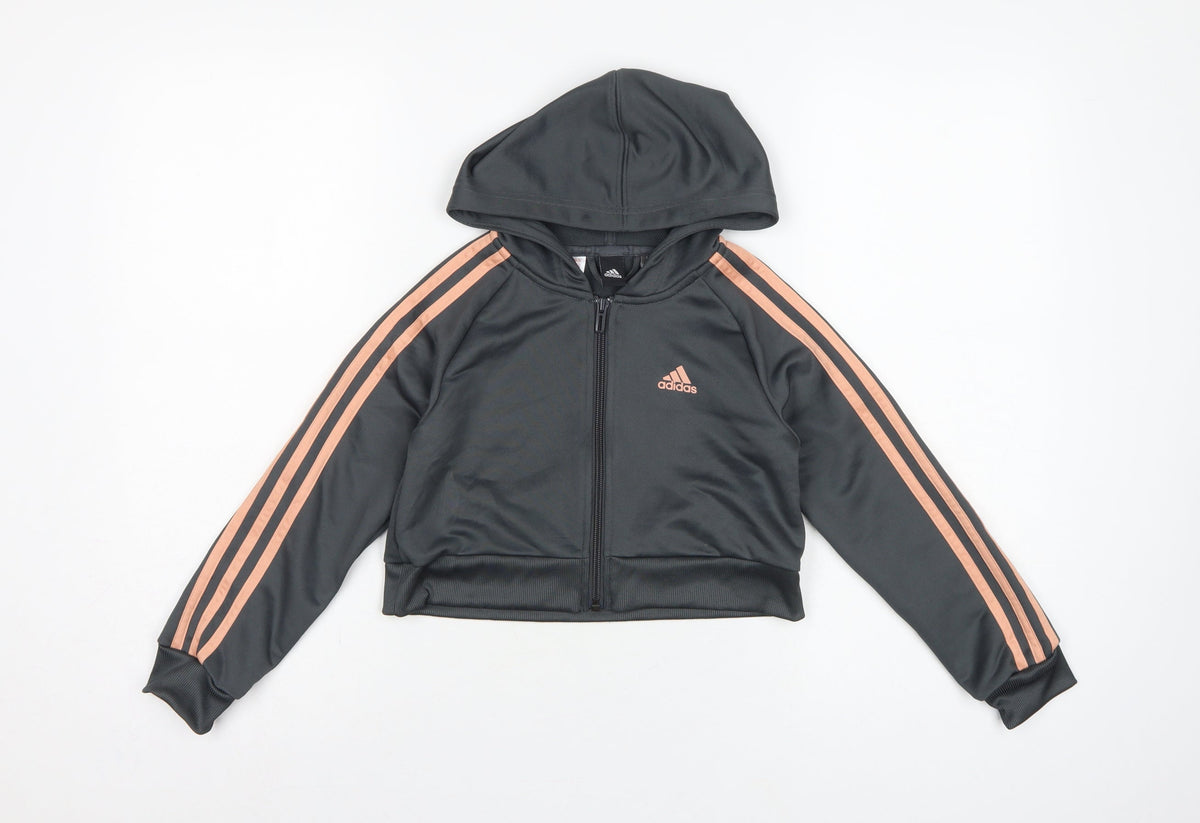 Adidas Girls Black Pink 3 Stripe Full Zip Hoodie Age 7-8 Years