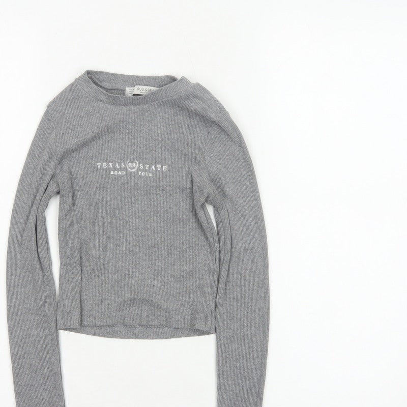 Pull&Bear Women Grey S Cropped Ribbed Texas State Long Sleeve T-Shirt