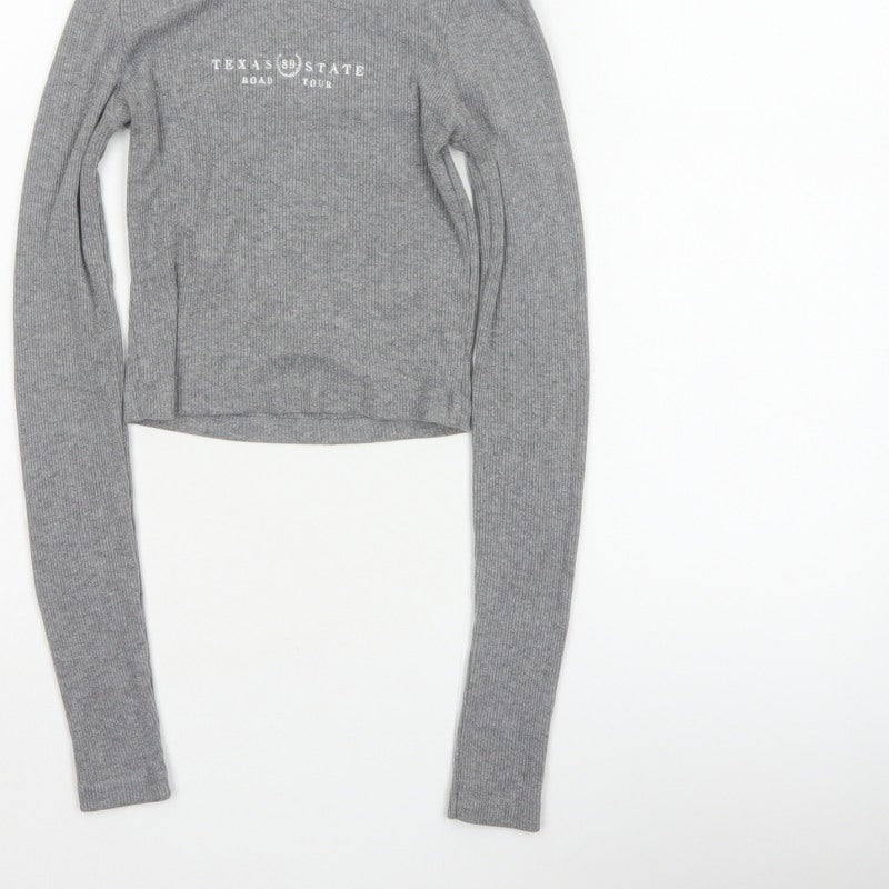Pull&Bear Women Grey S Cropped Ribbed Texas State Long Sleeve T-Shirt