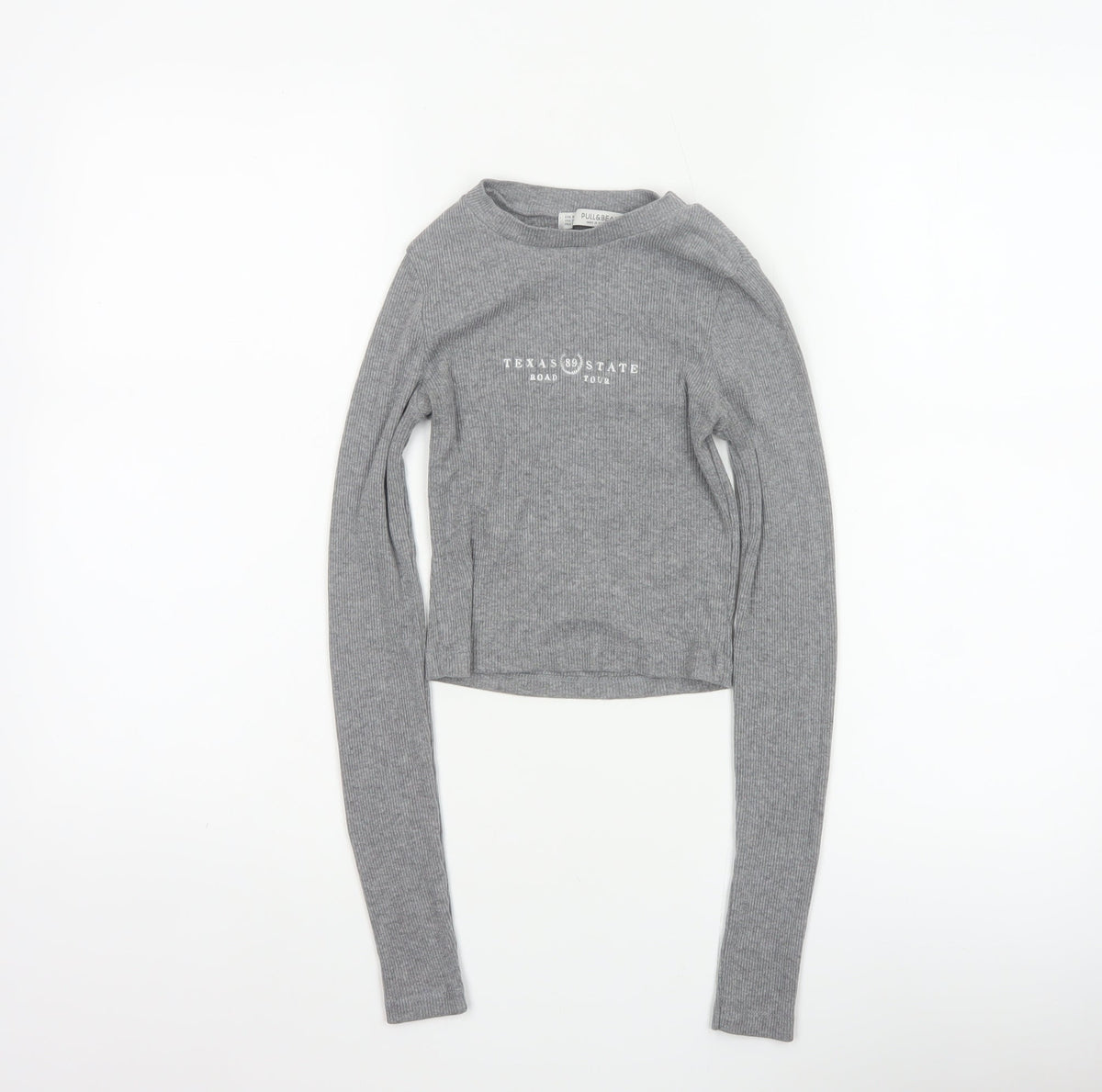 Pull&Bear Women Grey S Cropped Ribbed Texas State Long Sleeve T-Shirt