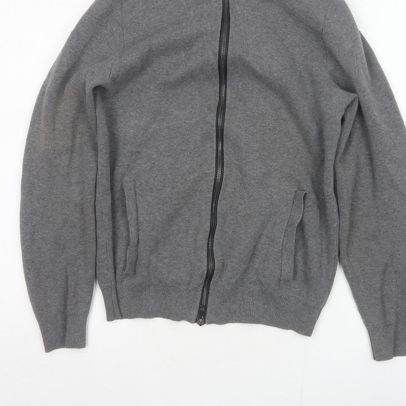 Massimo Dutti Men Grey S Full Zip Cotton High Neck Knit Jumper