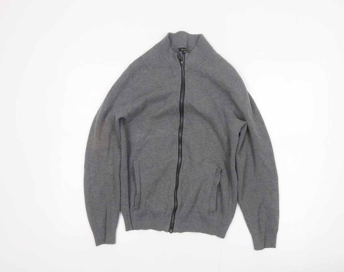 Massimo Dutti Men Grey S Full Zip Cotton High Neck Knit Jumper