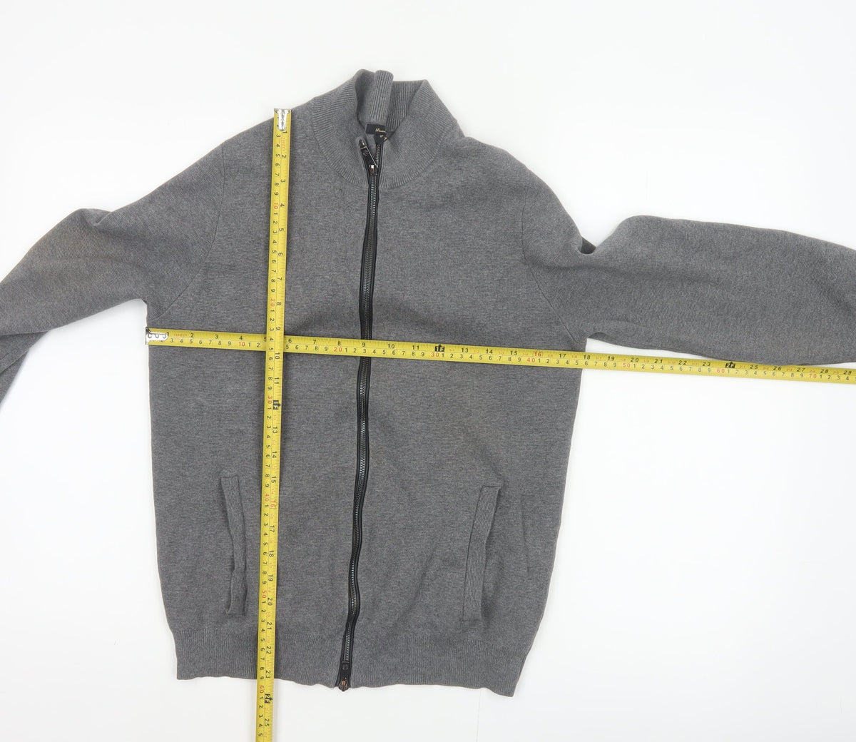 Massimo Dutti Men Grey S Full Zip Cotton High Neck Knit Jumper