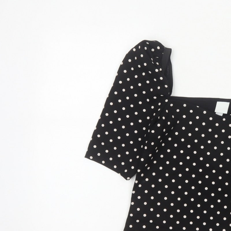 H&M Women Black M Basic Polka Dot Square Neck Puff Sleeve Blouse