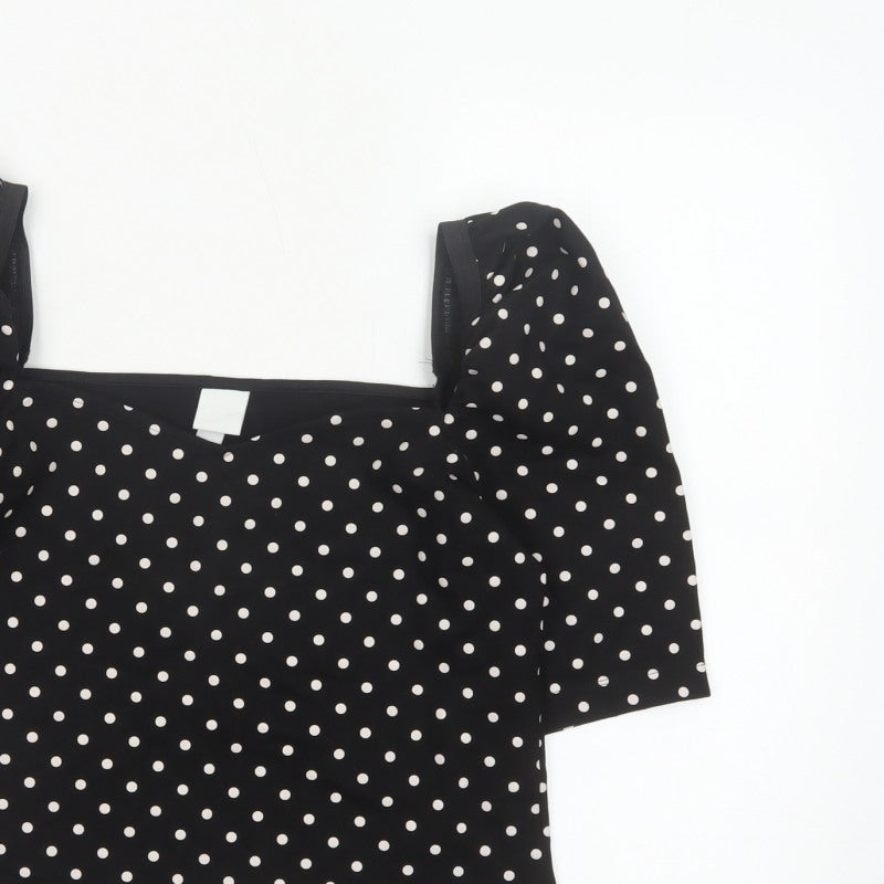 H&M Women Black M Basic Polka Dot Square Neck Puff Sleeve Blouse
