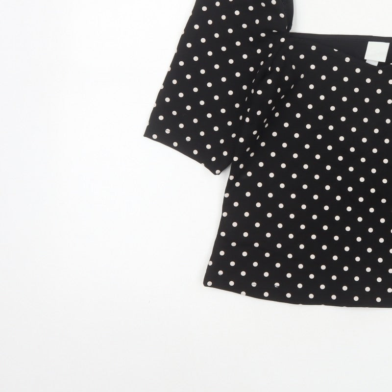 H&M Women Black M Basic Polka Dot Square Neck Puff Sleeve Blouse