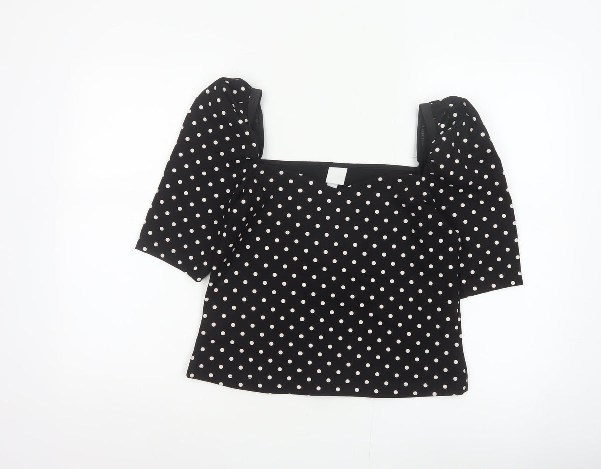 H&M Women Black M Basic Polka Dot Square Neck Puff Sleeve Blouse