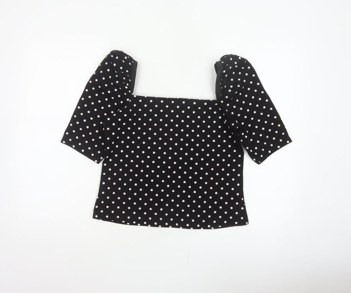 H&M Women Black M Basic Polka Dot Square Neck Puff Sleeve Blouse