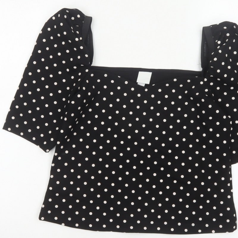 H&M Women Black M Basic Polka Dot Square Neck Puff Sleeve Blouse