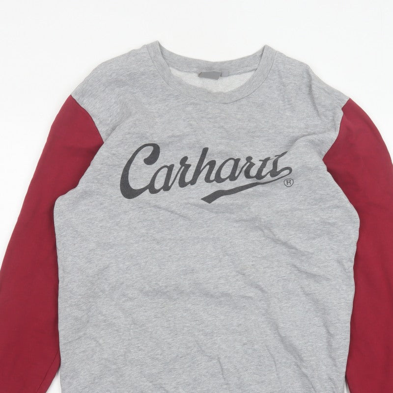 Carhartt Men Grey Burgundy M Pullover Logo Crew Neck Sweatshirt