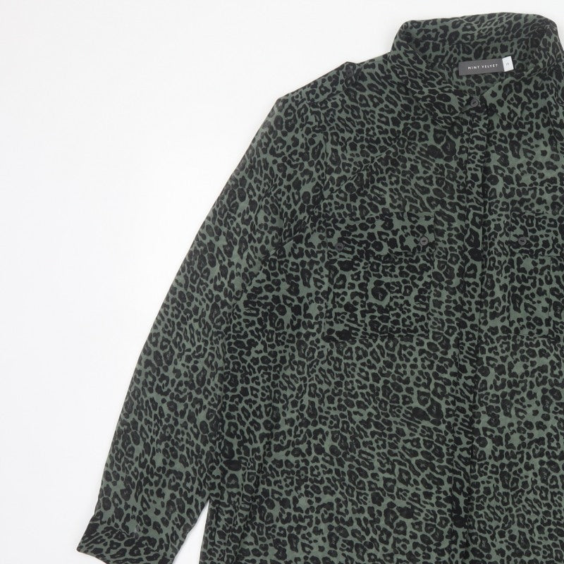 Mint Velvet Women Green Leopard Print Button-Up Blouse Size 18 Long Sleeve