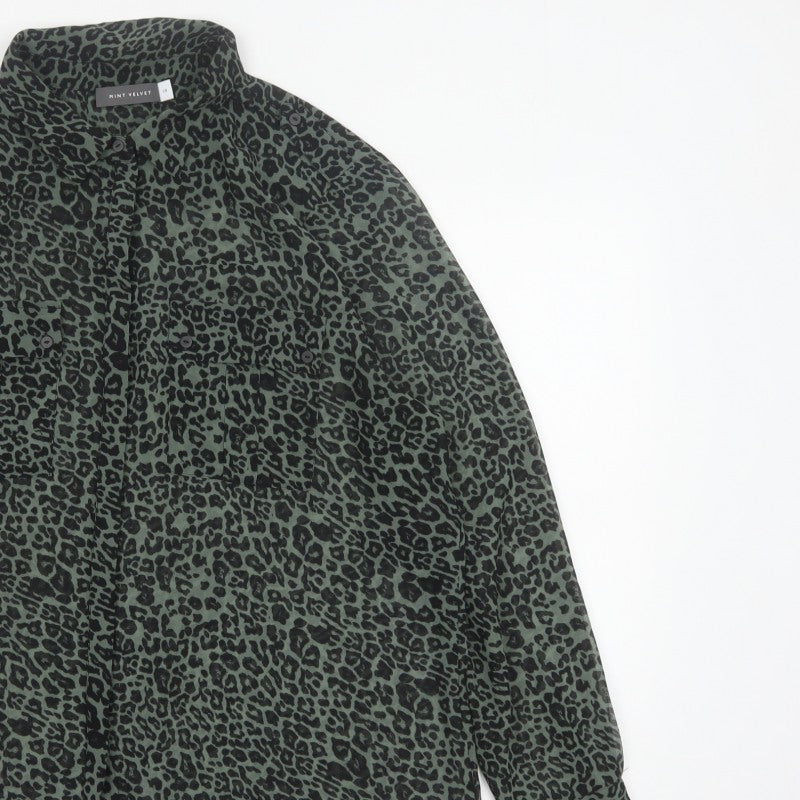 Mint Velvet Women Green Leopard Print Button-Up Blouse Size 18 Long Sleeve