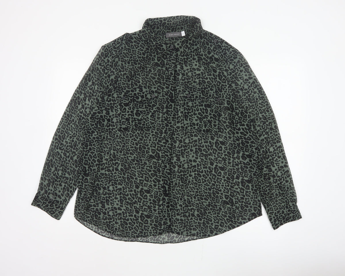 Mint Velvet Women Green Leopard Print Button-Up Blouse Size 18 Long Sleeve