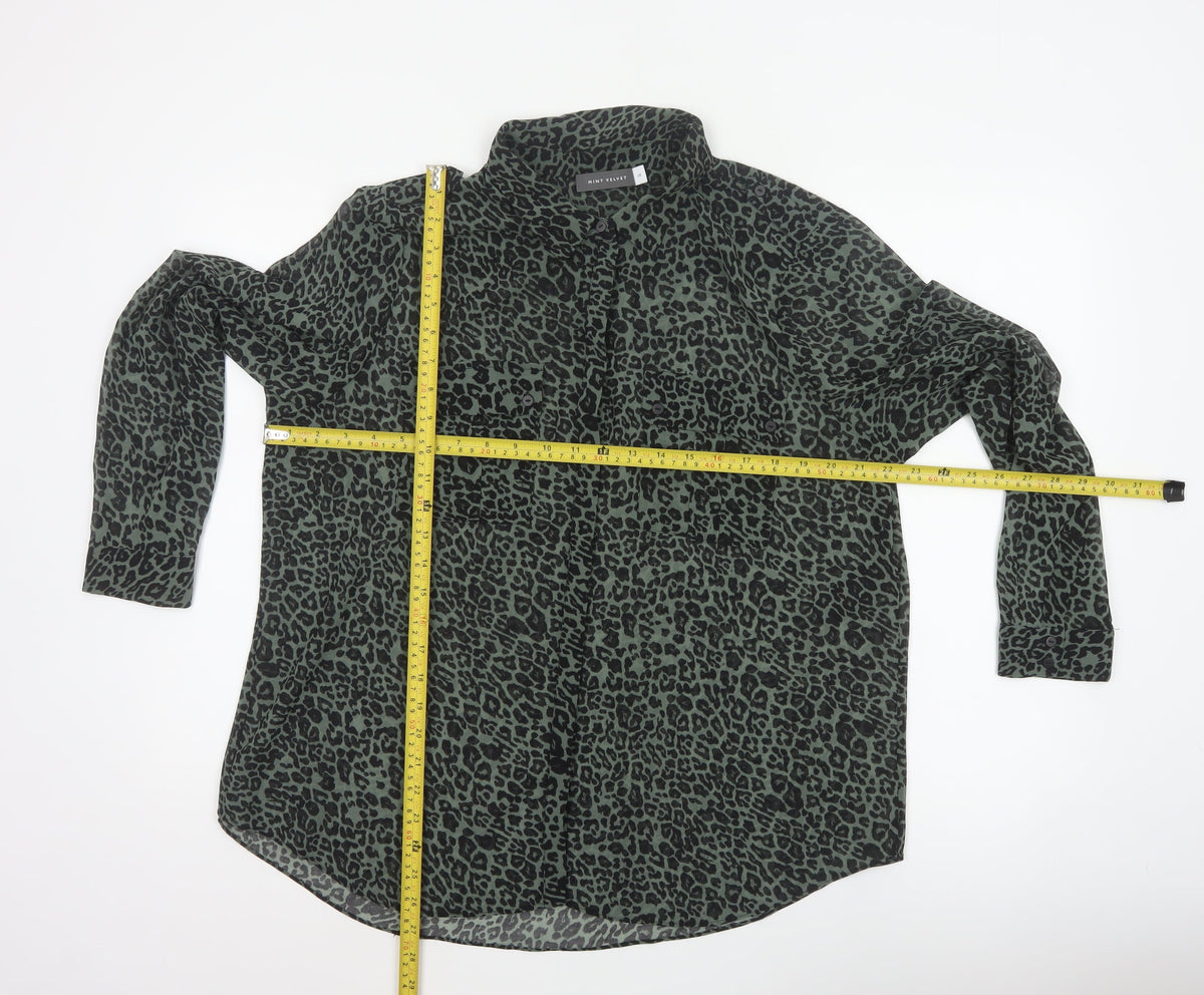 Mint Velvet Women Green Leopard Print Button-Up Blouse Size 18 Long Sleeve