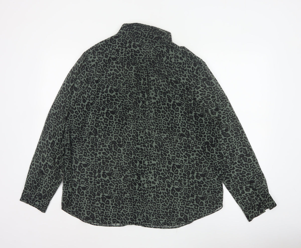 Mint Velvet Women Green Leopard Print Button-Up Blouse Size 18 Long Sleeve