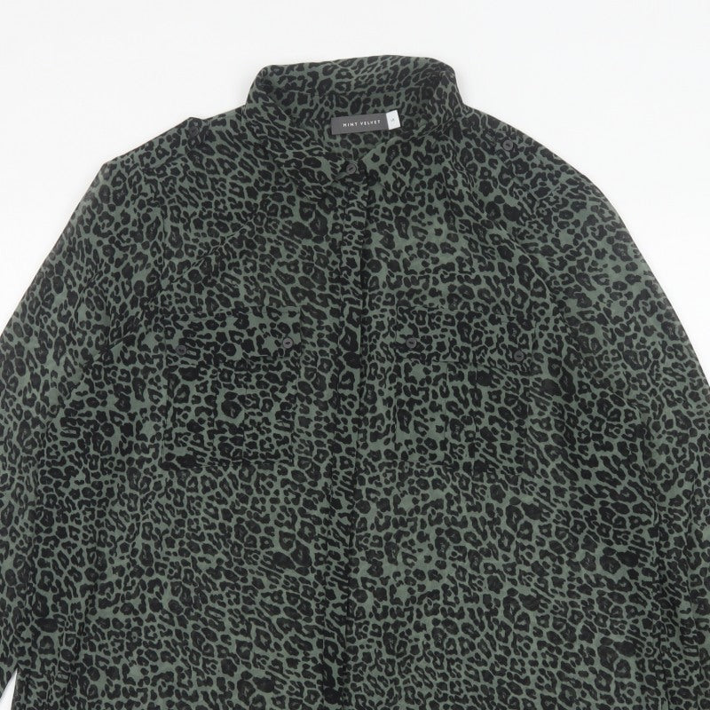 Mint Velvet Women Green Leopard Print Button-Up Blouse Size 18 Long Sleeve