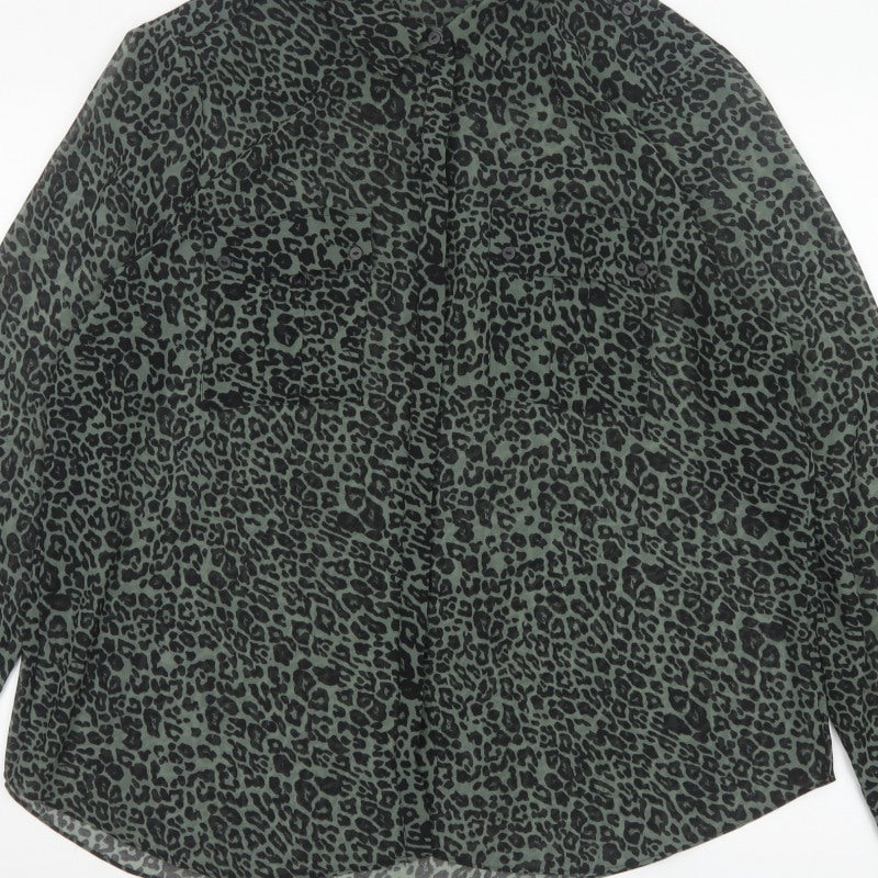 Mint Velvet Women Green Leopard Print Button-Up Blouse Size 18 Long Sleeve