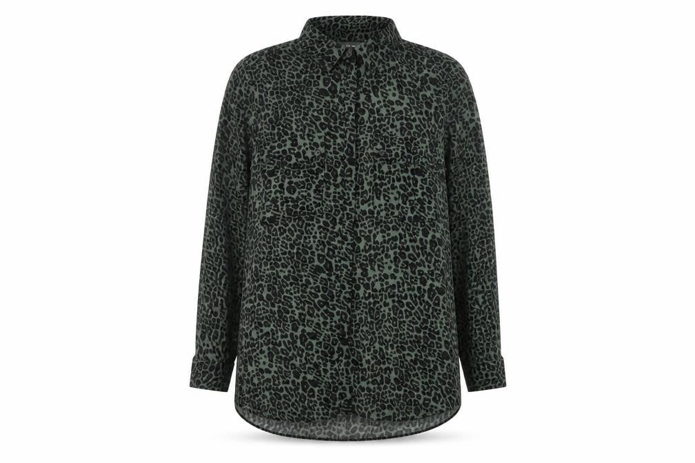 Mint Velvet Women Green Leopard Print Button-Up Blouse Size 18 Long Sleeve