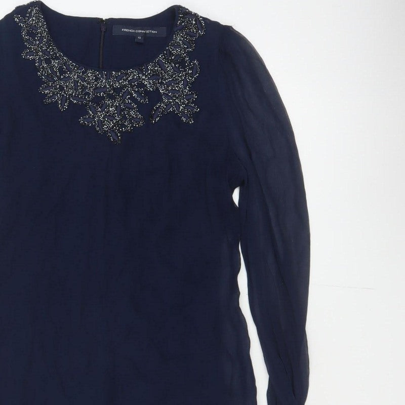 French Connection Women Blue UK 12 Beaded Chiffon Shift Dress