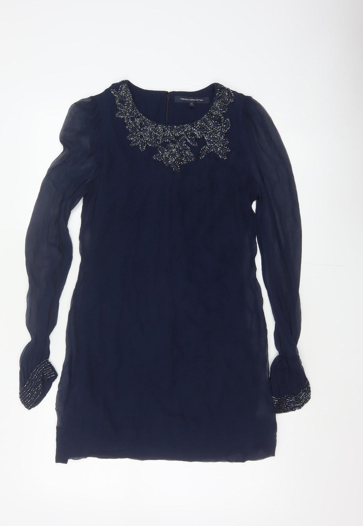 French Connection Women Blue UK 12 Beaded Chiffon Shift Dress