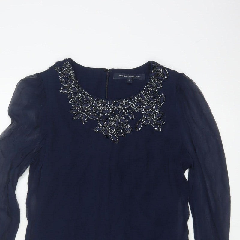 French Connection Women Blue UK 12 Beaded Chiffon Shift Dress