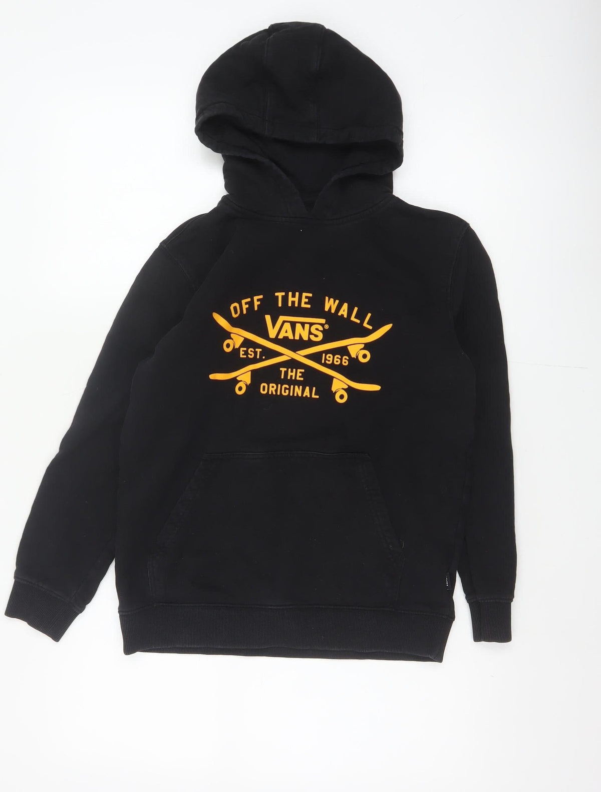 Back view of Vans boys’ black large hooded pullover jacket skate logo cotton blend