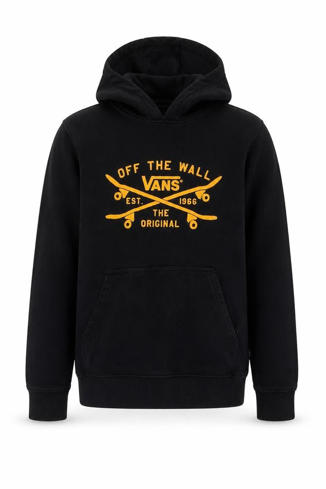 Front view of Vans boys’ black large hooded pullover jacket skate logo cotton blend