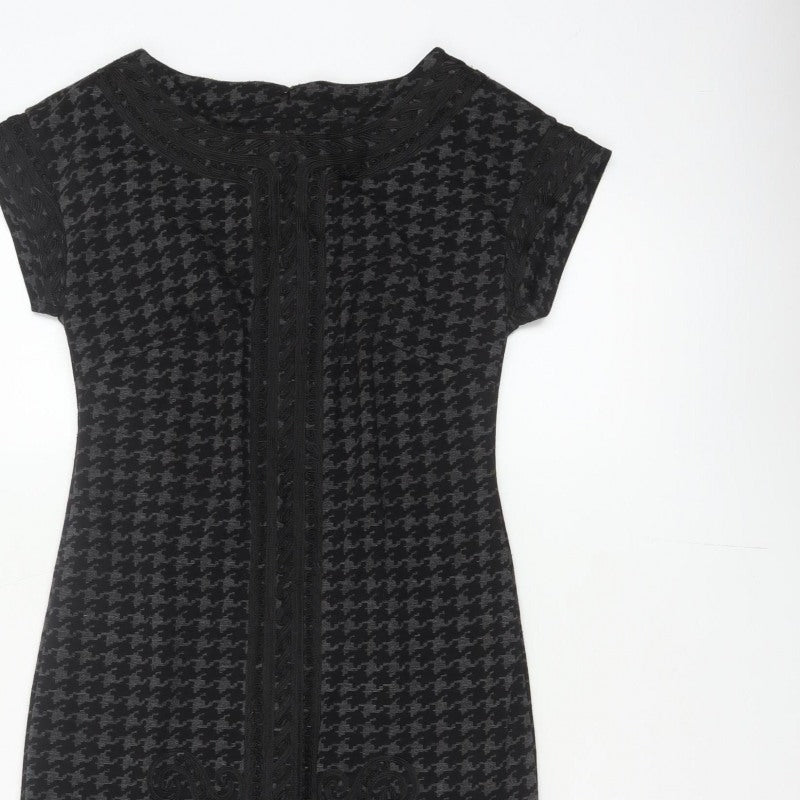 Linea Women Black Grey UK 8 Sheath Knee Dress Houndstooth