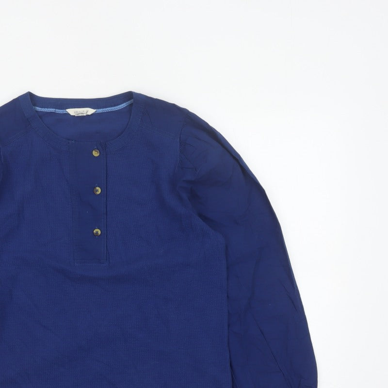 White Stuff Women Blue UK 10 Knit Cotton Puff Sleeve Button Blouse