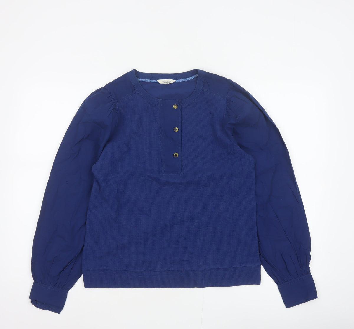 White Stuff Women Blue UK 10 Knit Cotton Puff Sleeve Button Blouse